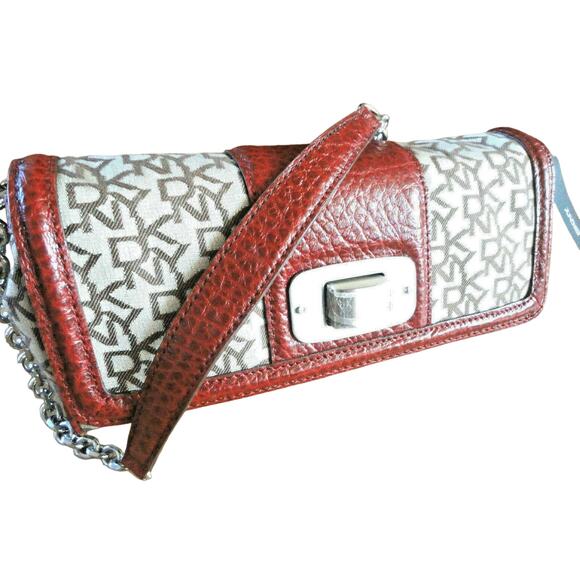 Dkny Mini Shoulder Handbag Jacquard & Red Leather Nappa Chain Clutch Purse New - Picture 1 of 4